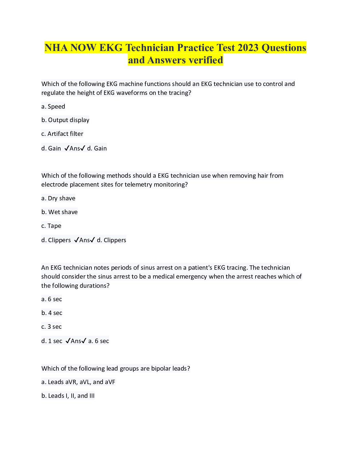 Preview of NHA NOW EKG Technician Practice Test 2023 Questions and Answers verified